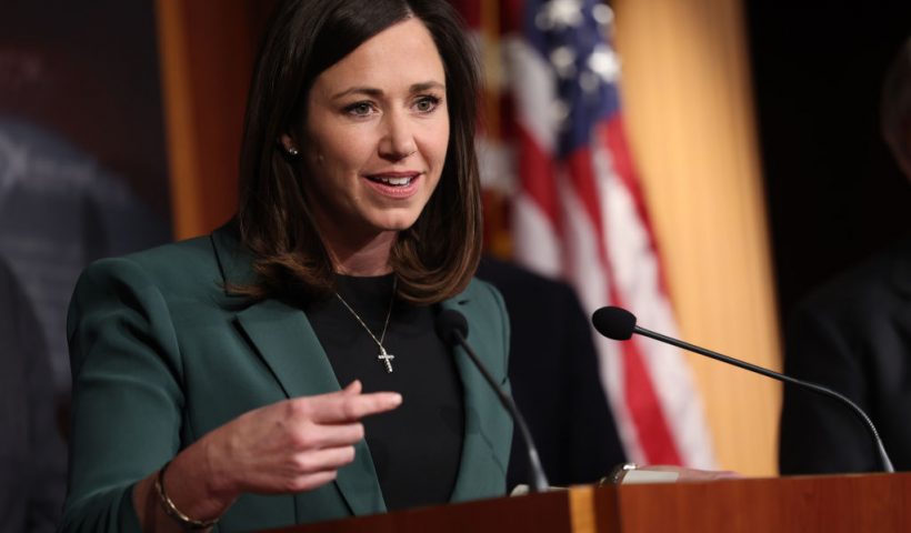 WASHINGTON, DC - DECEMBER 07: U.S. Sen. Katie Britt (R-AL) speaks at a press conference on border security at the U.S. Capitol on December 07, 2023 in Washington, DC. The group of Republican Senators held a press conference calling for enhanced border security. (Photo by Kevin Dietsch/Getty Images)