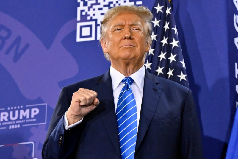 LAS VEGAS, NEVADA - JANUARY 27: Republican presidential candidate and former U.S. President Donald Trump stands on stage during a campaign event at Big League Dreams Las Vegas on January 27, 2024 in Las Vegas, Nevada. Trump is campaigning in Nevada ahead of the state’s Republican presidential caucuses on February 8. (Photo by David Becker/Getty Images)