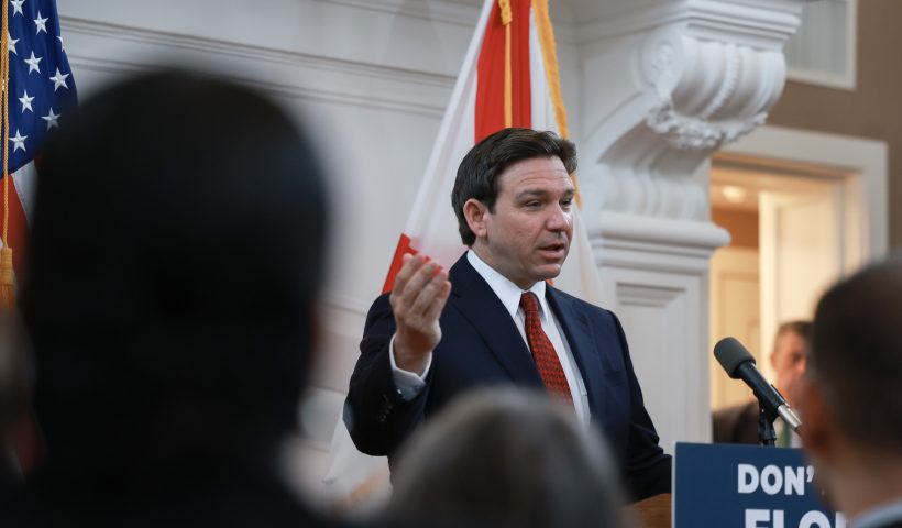 MIAMI BEACH, FLORIDA - FEBRUARY 05: Florida Gov. Ron DeSantis speaks during a news conference on February 05, 2024 in Miami Beach, Florida. Among other topics, he addressed the upcoming influx of spring breakers and assured the public that law enforcement officials and resources were available to maintain order if needed. (Photo by Joe Raedle/Getty Images)