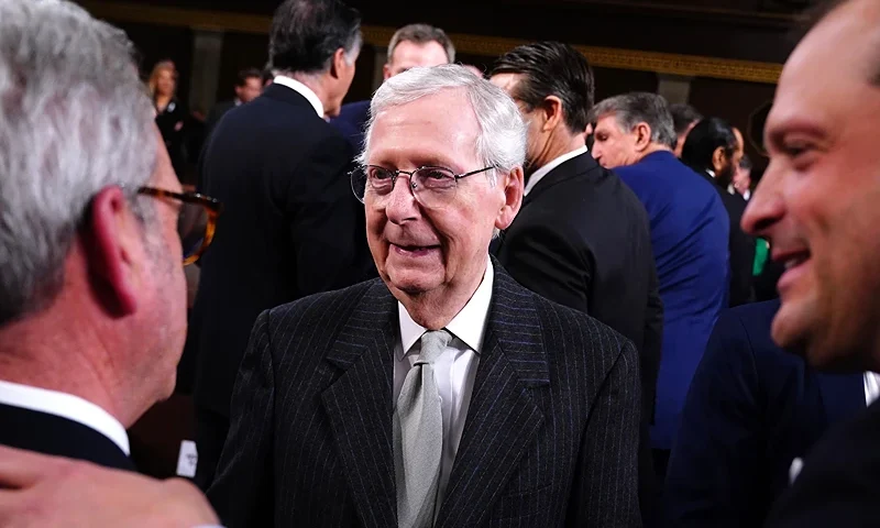 WASHINGTON, DC - MARCH 7: U.S. Senate Minority Leader Mitch McConnell (R-KY) (C) arrives on the House floor ahead of the annual State of the Union address by U.S. President Joe Biden before a joint session of Congress at the Capital building on March 7, 2024 in Washington, DC. This is Biden's final address before the November general election. (Photo by Shawn Thew-Pool/Getty Images)