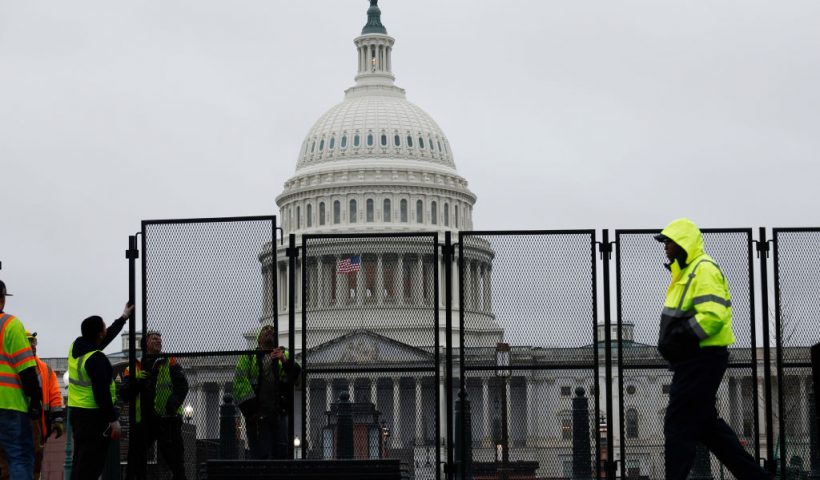 WASHINGTON, DC - MARCH 06: Eight-feet-tall steel fencing is put up around the U.S. Capitol the day before President Joe Biden is to deliver the State of the Union address on March 06, 2024 in Washington, DC. The security fence has been erected during each of the president's annual addresses since the attacks of January 06, 2021. (Photo by Chip Somodevilla/Getty Images)
