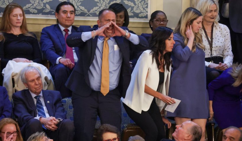 WASHINGTON, DC - MARCH 07: A heckler yells out as U.S. President Joe Biden delivers the State of the Union address during a joint meeting of Congress in the House chamber at the U.S. Capitol on March 07, 2024 in Washington, DC. This is Biden’s last State of the Union address before the general election this coming November. (Photo by Alex Wong/Getty Images)