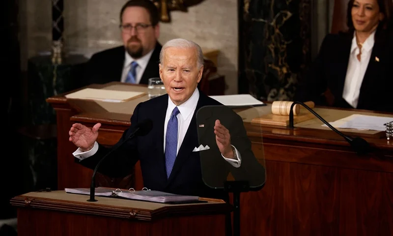 WASHINGTON, DC - MARCH 07: WASHINGTON, DC - MARCH 07: U.S. President Joe Biden delivers the State of the Union address during a joint meeting of Congress in the House chamber at the U.S. Capitol on March 07, 2024 in Washington, DC. This is Biden’s last State of the Union address before the general election this coming November. Biden was joined by Vice President Kamala Harris and Speaker of the House Mike Johnson (R-LA). (Photo by Chip Somodevilla/Getty Images)
