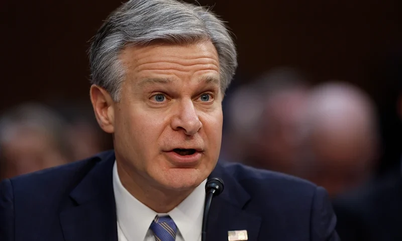 Senate Intelligence Committee Holds Hearing On Worldwide Threats WASHINGTON, DC - MARCH 11: Federal Bureau of Investigation Director Christopher Wray testifies before the Senate Select Committee on Intelligence about global threats against the United States in the Hart Senate Office Building on Capitol Hill on March 11, 2024 in Washington, DC. Wray and his fellow intelligence community leaders testified before the committee about challenges to the United States, including immigration, terrorism, China, Russia and other threats. (Photo by Chip Somodevilla/Getty Images)