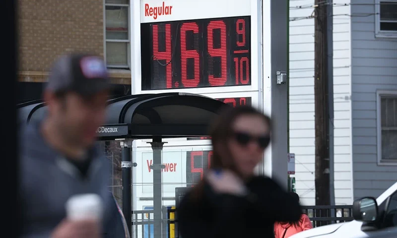 CHICAGO, ILLINOIS - MARCH 12: Gas prices are displayed at a gas station on March 12, 2024 in Chicago, Illinois. Gas prices climbed 3.8% percent in February after falling 3.3% the previous month. The Consumer Prices Index showed prices overall rose .04% for the same month which was more than analysts had expected and the largest increase since September. (Photo by Scott Olson/Getty Images)