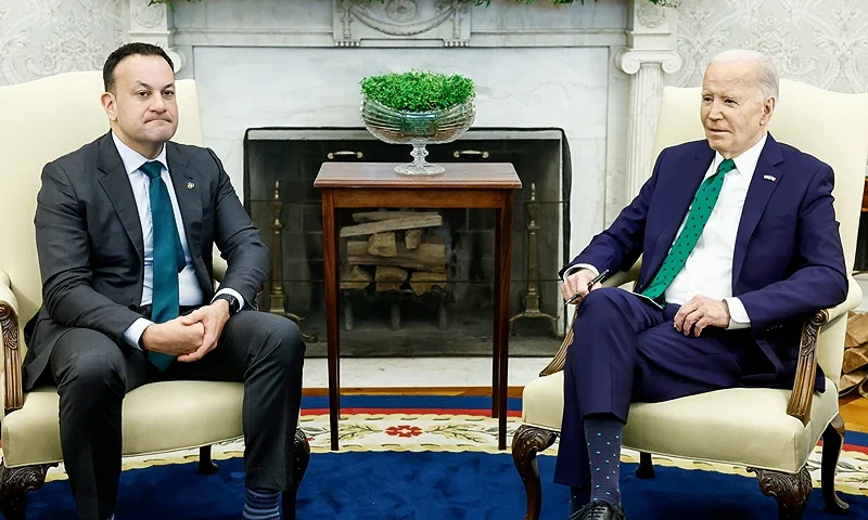WASHINGTON, DC - MARCH 15: U.S. President Joe Biden and Irish Taoiseach Leo Varadkar speak to reporters in the Oval Office of the White House on March 15, 2024 in Washington, DC. Biden and Varadkar spoke to reporters about their intended discussion of a range of topics including the war in Ukraine and the war between Israel and Hamas. (Photo by Anna Moneymaker/Getty Images)