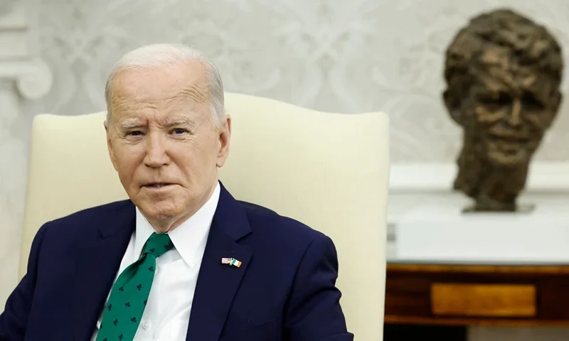 WASHINGTON, DC - MARCH 15: U.S. President Joe Biden speaks alongside Irish Taoiseach Leo Varadkar in the Oval Office of the White House on March 15, 2024 in Washington, DC. Biden and Varadkar spoke to reporters about their intended discussion of a range of topics including the war in Ukraine and the war between Israel and Hamas. (Photo by Anna Moneymaker/Getty Images)