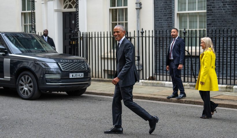 LONDON, ENGLAND - MARCH 18: Former United States President Barack Obama and Jane Hartley, the U.S Ambassador to the United Kingdom, leave 10 Downing Street after meeting UK Prime Minister, Rishi Sunak, on March 18, 2024 in London, England. President Obama has been in Europe this week and appeared at a moderated debate "An Evening with President Barack Obama" last night in Antwerp. The evening focussed on his vision of the future and the challenges the world is facing. (Photo by Carl Court/Getty Images)