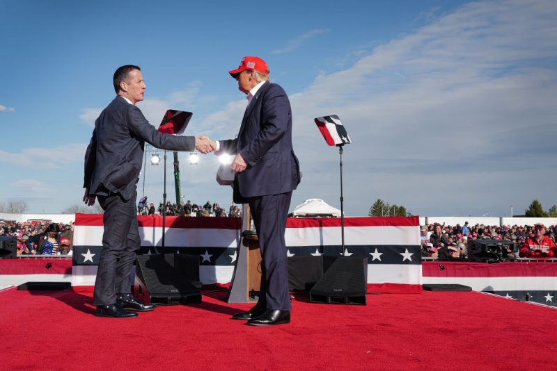 VANDALIA, OHIO - MARCH 16: Republican presidential candidate former President Donald Trump greets Ohio Republican candidate for US Senate Bernie Moreno during a rally at the Dayton International Airport on March 16, 2024 in Vandalia, Ohio. The rally was hosted by the Buckeye Values PAC. (Photo by Scott Olson/Getty Images)