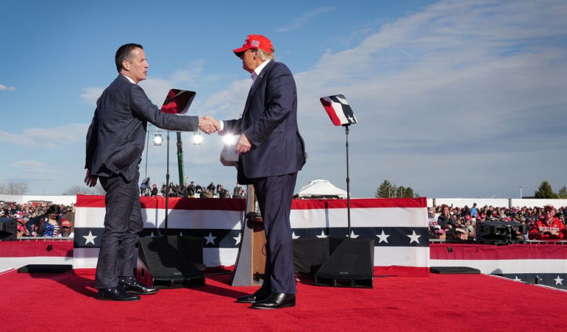 VANDALIA, OHIO - MARCH 16: Republican presidential candidate former President Donald Trump greets Ohio Republican candidate for US Senate Bernie Moreno during a rally at the Dayton International Airport on March 16, 2024 in Vandalia, Ohio. The rally was hosted by the Buckeye Values PAC. (Photo by Scott Olson/Getty Images)
