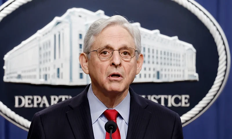 WASHINGTON, DC - MARCH 21: U.S. Attorney General Merrick Garland speaks during a news conference at the Department of Justice Building on March 21, 2024 in Washington, DC. During the news conference Garland and DOJ officials announced the department would be taking action against Apple, claiming that the tech company has an illegal monopoly on smartphones, violating antitrust laws. (Photo by Anna Moneymaker/Getty Images)