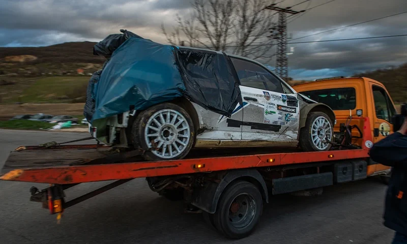 HUNGARY-ACCIDENT-AUTO-RALLY The accidented car is taken away from the road near the crash site where a vehicle taking part in the Esztergom Nyerges Rally veered off from the road on March 24, 2024, near Bajot, 55kms away from Budapest. Four people were killed and several others injured when a vehicle competing in a Hungarian rally on March 24 afternoon skidded off the road and crashed into spectators, authorities said. According to a police statement, a vehicle taking part in the Esztergom Nyerges Rally in northern Hungary, for reasons yet unclear, veered off the road and crashed into spectators. (Photo by FERENC ISZA / AFP) (Photo by FERENC ISZA/AFP via Getty Images)