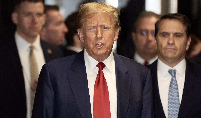NEW YORK, NEW YORK - MARCH 25: Former U.S. President Donald Trump makes comments following a pre-trial hearing in a hash money case in criminal court on March 25, 2024 in New York City. Trump was charged with 34 counts of falsifying business records last year, which prosecutors say was an effort to hide a potential sex scandal, both before and after the 2016 election. Judge Juan Merchan is expected to set a new start date for the trial after it was delayed following the disclosure of new documents in the case. (Photo by Curtis Means-Pool/Getty Images)