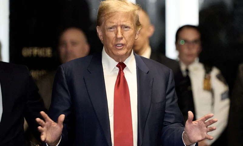 NEW YORK, NEW YORK - MARCH 25: Former U.S. President Donald Trump makes comments following a pre-trial hearing in a hash money case in criminal court on March 25, 2024 in New York City. Trump was charged with 34 counts of falsifying business records last year, which prosecutors say was an effort to hide a potential sex scandal, both before and after the 2016 election. Judge Juan Merchan is expected to set a new start date for the trial after it was delayed following the disclosure of new documents in the case. (Photo by Curtis Means-Pool/Getty Images)