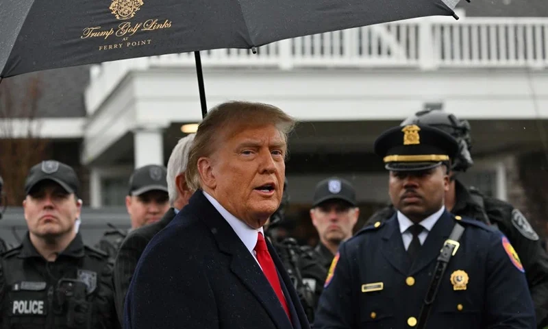 Former US President Donald Trump speaks to the press after attending the wake for New York Police Department (NYPD) Officer Jonathan Diller in Massapequa, Long Island, New York, on March 28, 2024. Diller was part of the NYPD's Critical Response Team when he was gunned down during a traffic stop in Queens on the night of March 25. (Photo by ANGELA WEISS / AFP) (Photo by ANGELA WEISS/AFP via Getty Images)