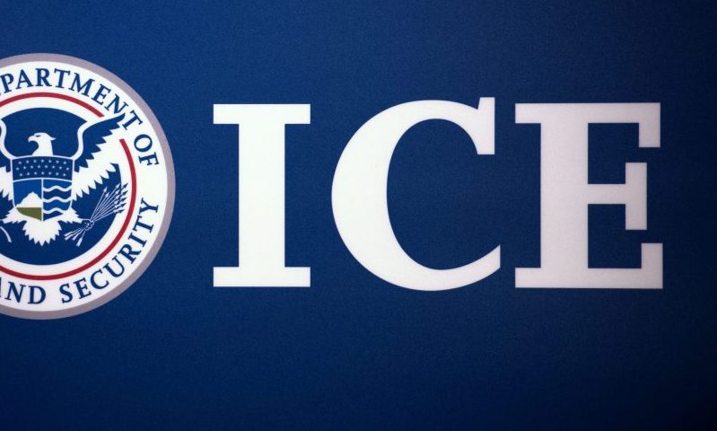 The Immigration and Customs Enforcement (ICE) seal is seen before a press conference discussing ongoing enforcement efforts to combat human smuggling along the Southwest border of the United States, July 22, 2014 at ICE headquarters in Washington, DC. AFP Photo/Paul J. Richards (Photo by Paul J. RICHARDS / AFP) (Photo by PAUL J. RICHARDS/AFP via Getty Images)