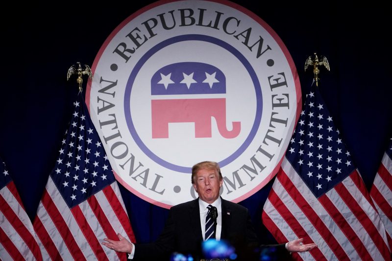 US President Donald Trump speaks at the Republican National Committee winter meeting at the Trump International Hotel in Washington, DC on February 1, 2018. (Photo by MANDEL NGAN / AFP) (Photo by MANDEL NGAN/AFP via Getty Images)