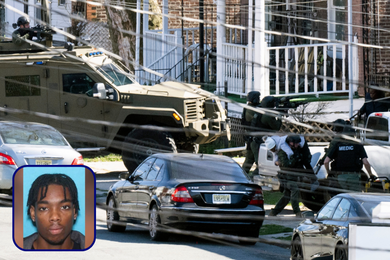 Police evacuate a person (L bottom) from a home in Trenton New Jersey, on March 16, 2024, after reports of a gunman, who is suspected of a shooting spree in Pennsylvania, was barricaded in the house. Three people were killed by gunfire in two shootings in a Philadelphia suburb Saturday and the suspect fled and remains barricaded in a house in Trenton, police and local authorities reported. Police in Middletown Township, just north of Philadelphia, confirmed on their Facebook page that shots had been fired in nearby Falls Township, leaving "several gunshot victims." (Photo by Joe LAMBERTI / AFP) (Photo by JOE LAMBERTI/AFP via Getty Images)