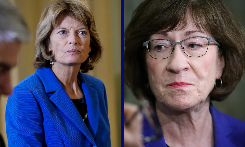 R| Senate Judiciary Committee Scrambles After Accusations Against Judge Kavanaugh WASHINGTON, DC - SEPTEMBER 17: Sen. Susan Collins (R-ME) answers questions from reporters on allegations against Supreme Court nominee Brett Kavanaugh on Capitol Hill September 17, 2018 in Washington, DC. Collins said it is important to get both sides of the story,, but indicated if Kavanaugh is found to have been untruthful it would be grounds for disqualifying his nomination. (Photo by Win McNamee/Getty Images) L| WASHINGTON, DC - JANUARY 31: Sen. Lisa Murkowski (R-AK) carries a bag of popcorn as she leaves the Senate chamber during a recess in the Senate impeachment trial of U.S. President Donald Trump at the U.S. Capitol on January 31, 2020 in Washington, DC. On Friday, Senators are expected to debate and then vote on whether to include additional witnesses and documents. (Photo by Drew Angerer/Getty Images)