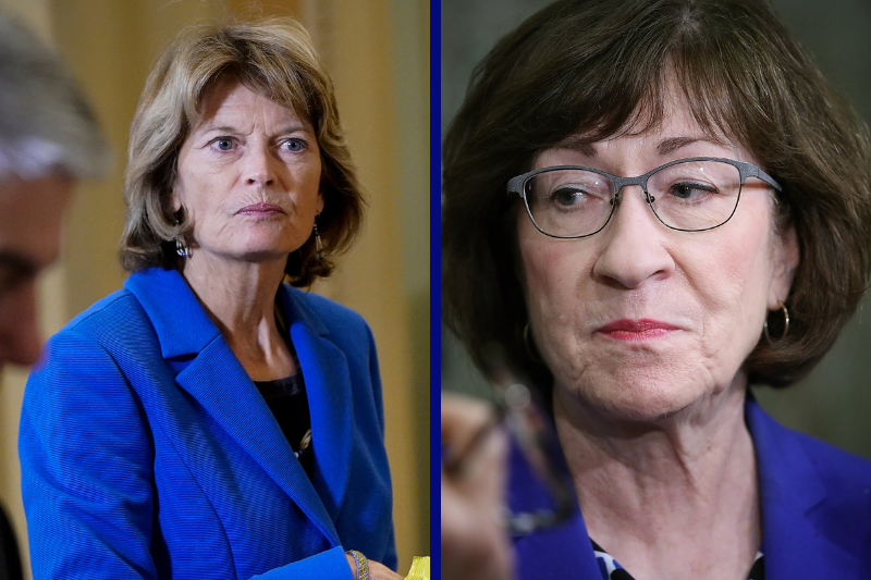 R| Senate Judiciary Committee Scrambles After Accusations Against Judge Kavanaugh
WASHINGTON, DC - SEPTEMBER 17: Sen. Susan Collins (R-ME) answers questions from reporters on allegations against Supreme Court nominee Brett Kavanaugh on Capitol Hill September 17, 2018 in Washington, DC. Collins said it is important to get both sides of the story,, but indicated if Kavanaugh is found to have been untruthful it would be grounds for disqualifying his nomination. (Photo by Win McNamee/Getty Images) L| WASHINGTON, DC - JANUARY 31: Sen. Lisa Murkowski (R-AK) carries a bag of popcorn as she leaves the Senate chamber during a recess in the Senate impeachment trial of U.S. President Donald Trump at the U.S. Capitol on January 31, 2020 in Washington, DC. On Friday, Senators are expected to debate and then vote on whether to include additional witnesses and documents. (Photo by Drew Angerer/Getty Images)