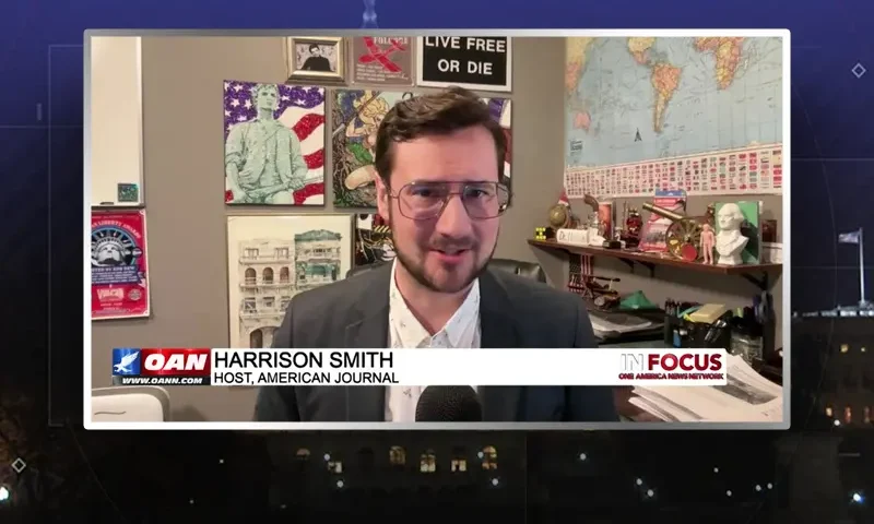 Video still from In Focus on One America News Network during an interview with the guest, Harrison Smith.