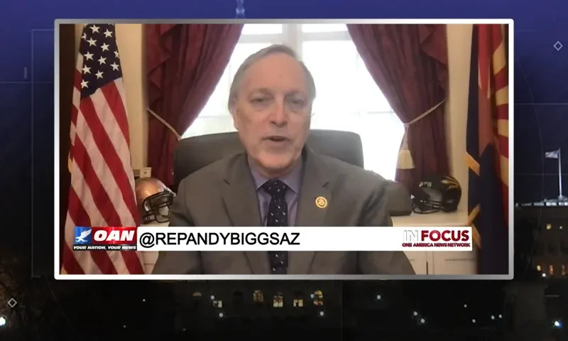 Video still from In Focus on One America News Network during an interview with the guest, Rep. Andy Biggs.