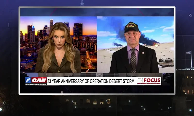Video still from In Focus on One America News Network showing a split screen of the host on the left side, and on the right side is the guest, Senator Doug Mastriano.