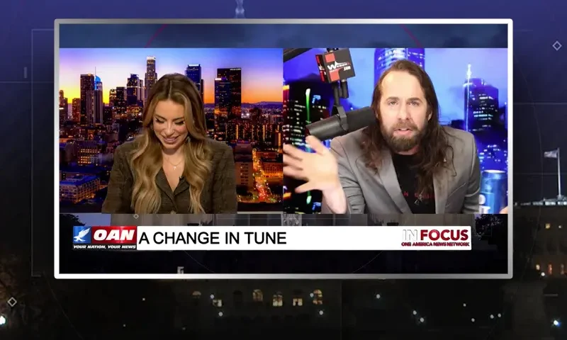 Video still from In Focus on One America News Network showing a split screen of the host on the left side, and on the right side is the guest, Jess Weber.