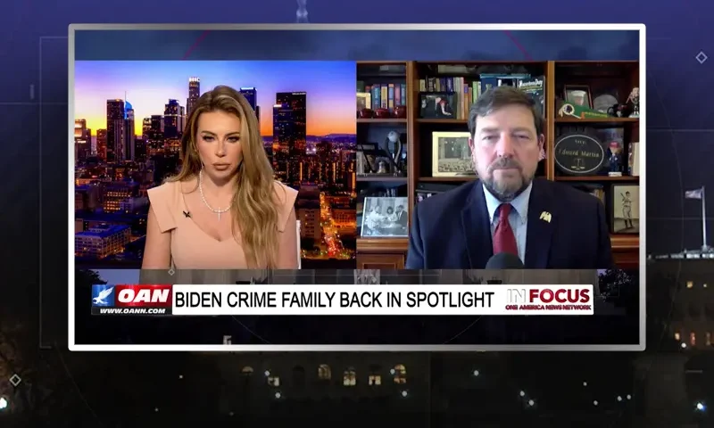 Video still from In Focus on One America News Network showing a split screen of the host on the left side, and on the right side is the guest, Ed Martin.