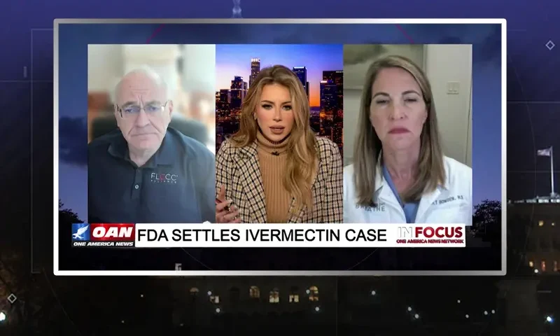 Video still from In Focus on One America News Network showing a split screen of the host on the left side, and on the right side is the guest, Dr. Mary Talley Bowden and Dr. Paul Marik.