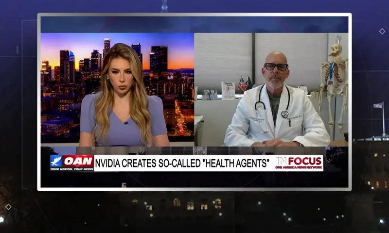 Video still from In Focus on One America News Network showing a split screen of the host on the left side, and on the right side is the guest, Dr. Jeff Barke.