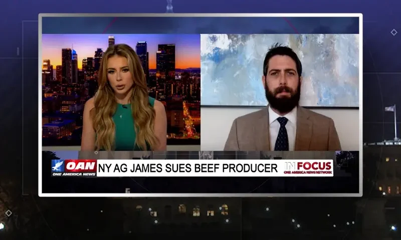 Video still from In Focus on One America News Network showing a split screen of the host on the left side, and on the right side is the guest, Alex Newman.