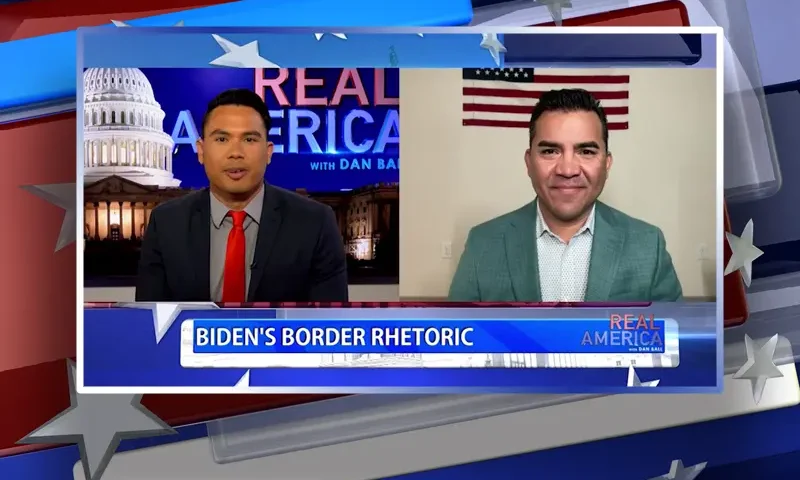 Video still from Real America on One America News Network showing a split screen of the host on the left side, and on the right side is the guest, Victor Avila.
