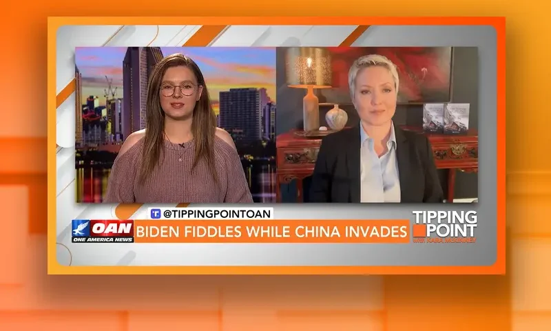 Video still from Tipping Point on One America News Network showing a split screen of the host on the left side, and on the right side is the guest, Dr. Shea Bradley-Farrell.