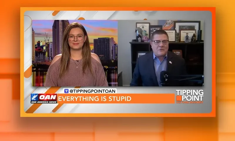 Video still from Tipping Point on One America News Network showing a split screen of the host on the left side, and on the right side is the guest, Jim Nelles.