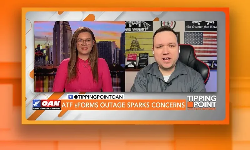 Video still from Tipping Point on One America News Network showing a split screen of the host on the left side, and on the right side is the guest, John Crump.