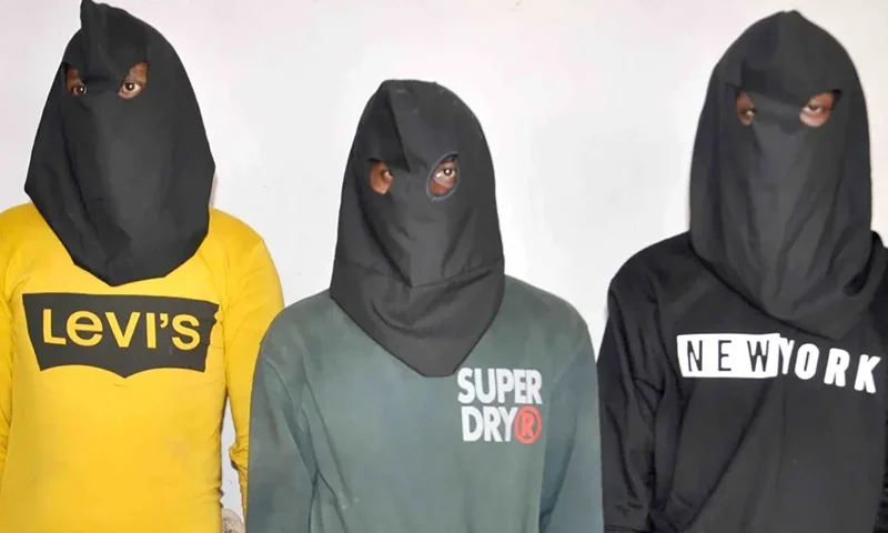 A photo released by Dumka police of three men who have been arrested for the alleged rape and assault of a tourist couple in India. (Dumka Police/X)
