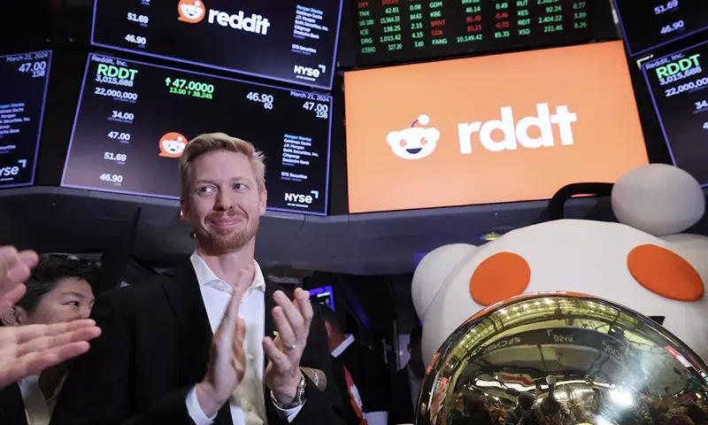 CEO of Reddit Steve Huffman reacts at the New York Stock Exchange (NYSE) to celebrate the company's initial public offering (IPO) in New York City, U.S., March 21, 2024. REUTERS/Brendan McDermid