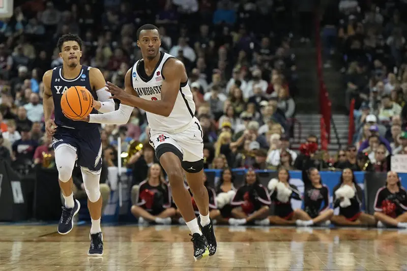 San Diego State Aztecs guard Micah Parrish (3) dribbles the ball in the first half against the San Diego State Aztecs at Spokane Veterans Memorial Arena. Mandatory Credit: Kirby Lee-USA TODAY Sports