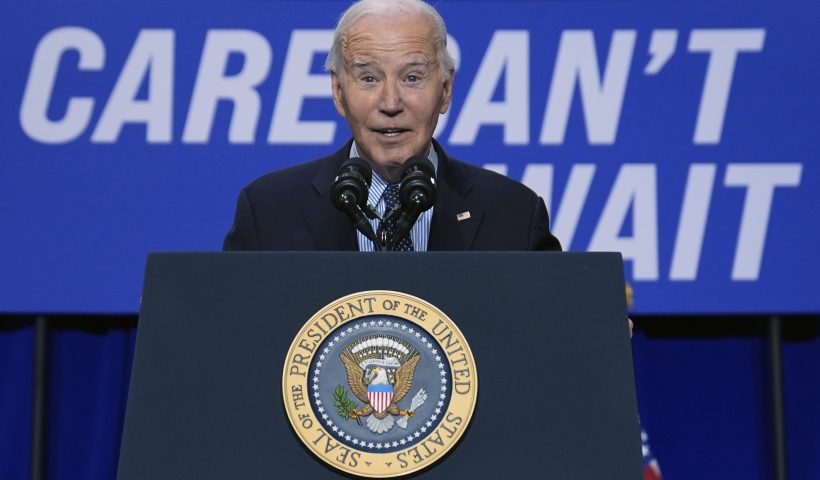 President Joe Biden delivers remarks on proposed spending on child care and other investments in the "care economy" during a rally at Union Station, Tuesday, April 9, 2024, in Washington. (AP Photo/Evan Vucci)
