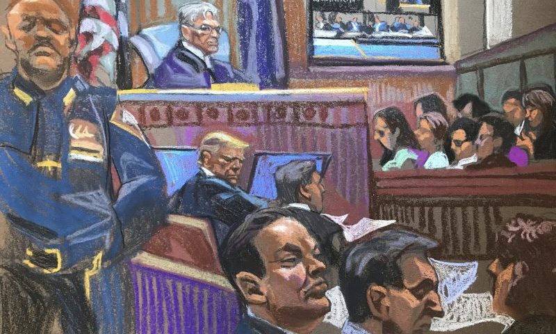 In this courtroom sketch, former President Donald Trump sits beside his lawyer Todd Blanche on the second day of jury selection in his criminal trial in Manhattan criminal court in New York on Tuesday, April 16, 2024. (Christine Cornell via AP Pool)