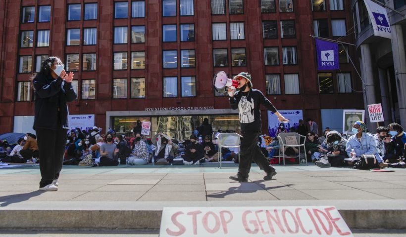 New York University students and pro-Palestinian supporters rally outside the NYU Stern School of Business building, Monday, April 22, 2024, in New York. (AP Photo/Mary Altaffer)