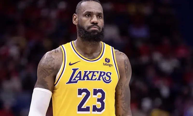 Los Angeles Lakers forward LeBron James (23) looks on against the New Orleans Pelicans during the second half of a play-in game of the 2024 NBA playoffs at Smoothie King Center. Mandatory Credit: Stephen Lew-USA TODAY Sports