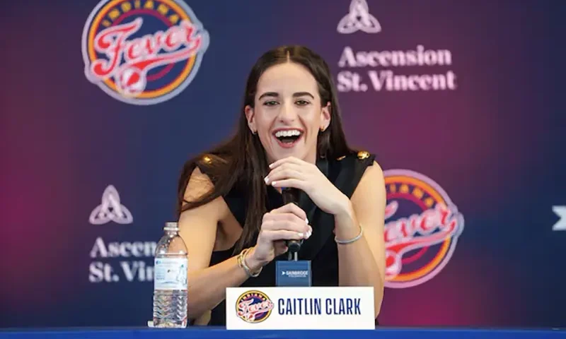 Indiana Fever player Caitlin Clark, former Iowa Hawkeye standout and the no. 1 pick in the 2024 WNBA draft, speaks Wednesday, April 17, 2024, during an introductory press conference inside the entry pavilion at Gainbridge Fieldhouse. Mandatory Credit: Mykal McEldowney-USA TODAY NETWORK/File Photo