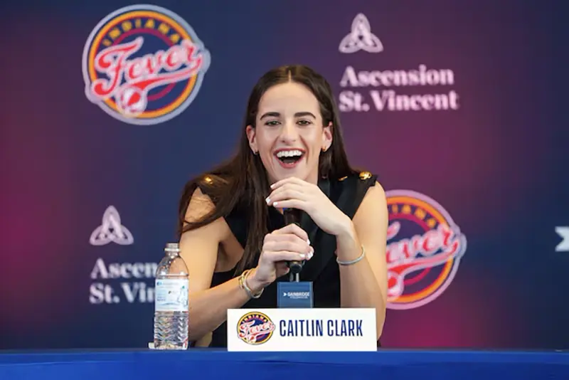 Indiana Fever player Caitlin Clark, former Iowa Hawkeye standout and the no. 1 pick in the 2024 WNBA draft, speaks Wednesday, April 17, 2024, during an introductory press conference inside the entry pavilion at Gainbridge Fieldhouse. Mandatory Credit: Mykal McEldowney-USA TODAY NETWORK/File Photo