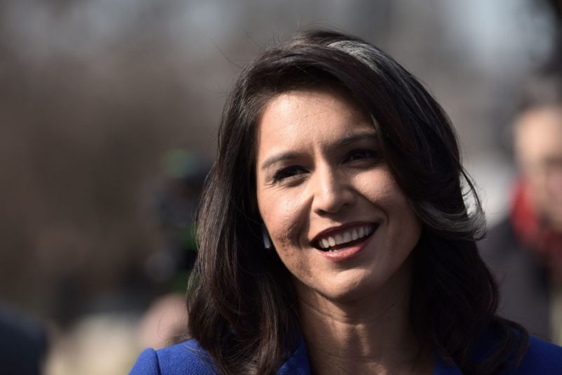 Democrat Congresswoman Tulsi Gabbard from Hawaii, an official candidate for the Democratic Primaries of the 2020 US Presidential election, gives a press conference in Washington DC on February 15, 2019. - At just 37, this congresswoman from Hawaii would be the first Hindu president if elected. A supporter of liberal Bernie Sanders in the 2016 race, military veteran Gabbard was criticised for meeting with Syrian leader Bashar al-Assad during that country's civil war, and for anti-gay positions that she has since retracted and apologised for. (Photo by Eric BARADAT / AFP) (Photo credit should read ERIC BARADAT/AFP via Getty Images)