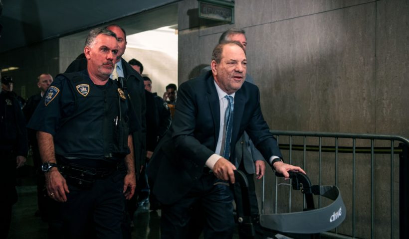 NEW YORK, NY - FEBRUARY 24: Movie producer Harvey Weinstein (R) enters New York City Criminal Court on February 24, 2020 in New York City. Jury deliberations in the high-profile trial are believed to be nearing a close, with a verdict on Weinstein's numerous rape and sexual misconduct charges expected in the coming days. (Photo by Scott Heins/Getty Images)