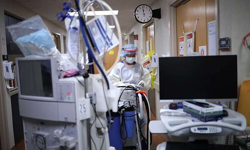LEONARDTOWN, MARYLAND - MAY 01: (EDITORIAL USE ONLY) A member of the dialysis prepares to treat a patient with coronavirus in the intensive care unit at a hospital on May 1, 2020 in Leonardtown, Maryland. The coronavirus death toll in D.C., Virginia and Maryland surpassed 2,000 people on Friday as the District recorded its largest number of daily infections thus far. (Photo by Win McNamee/Getty Images)