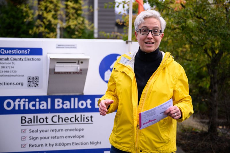 PORTLAND, OR - NOVEMBER 02: Democratic gubernatorial nominee Tina Kotek speaks with members of the media before casting her ballot at a ballot drop box on November 2, 2022 in Portland, Oregon. Oregon's 2022 gubernatorial race has garnered national attention in recent weeks as Kotek's Republican opponent, Christine Drazan, has risen in the polls to draw within striking distance of victory. Oregon has not elected a Republican governor since 1982. (Photo by Mathieu Lewis-Rolland/Getty Images)