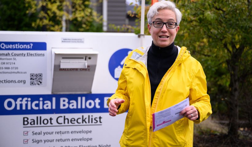 PORTLAND, OR - NOVEMBER 02: Democratic gubernatorial nominee Tina Kotek speaks with members of the media before casting her ballot at a ballot drop box on November 2, 2022 in Portland, Oregon. Oregon's 2022 gubernatorial race has garnered national attention in recent weeks as Kotek's Republican opponent, Christine Drazan, has risen in the polls to draw within striking distance of victory. Oregon has not elected a Republican governor since 1982. (Photo by Mathieu Lewis-Rolland/Getty Images)